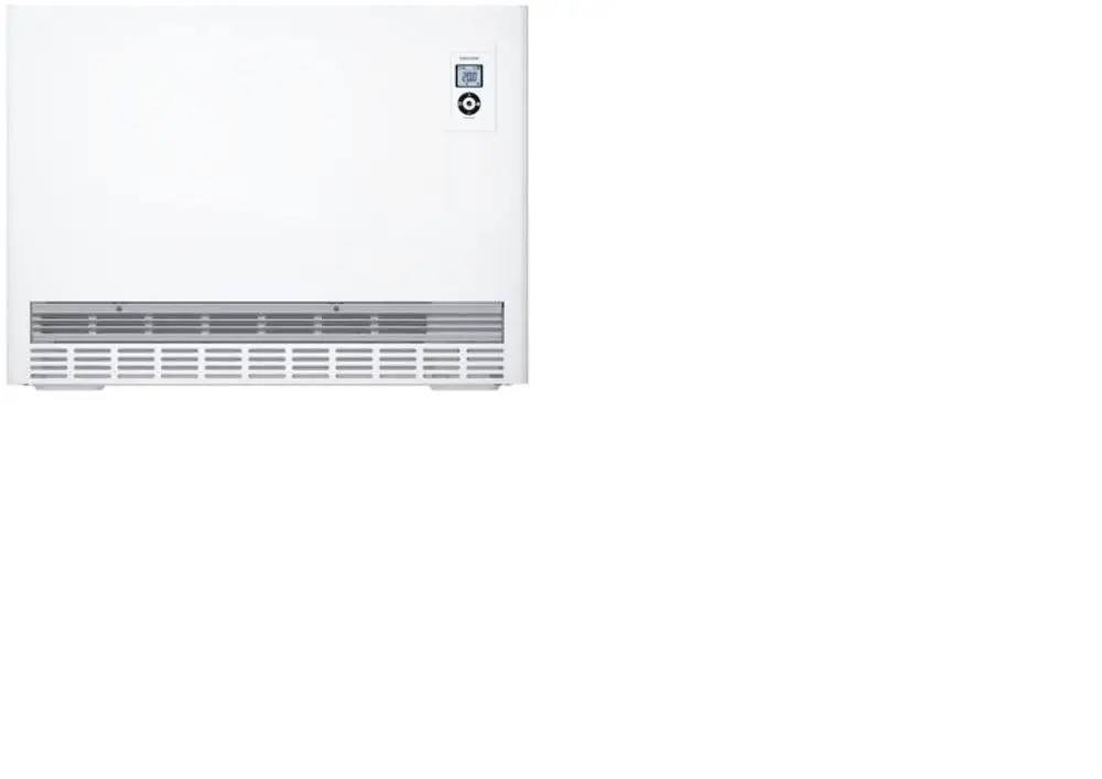 Weißer STIEBEL ELTRON Wand-Flachspeicher ETW 180 Plus mit Display und Lüftungsgitter.